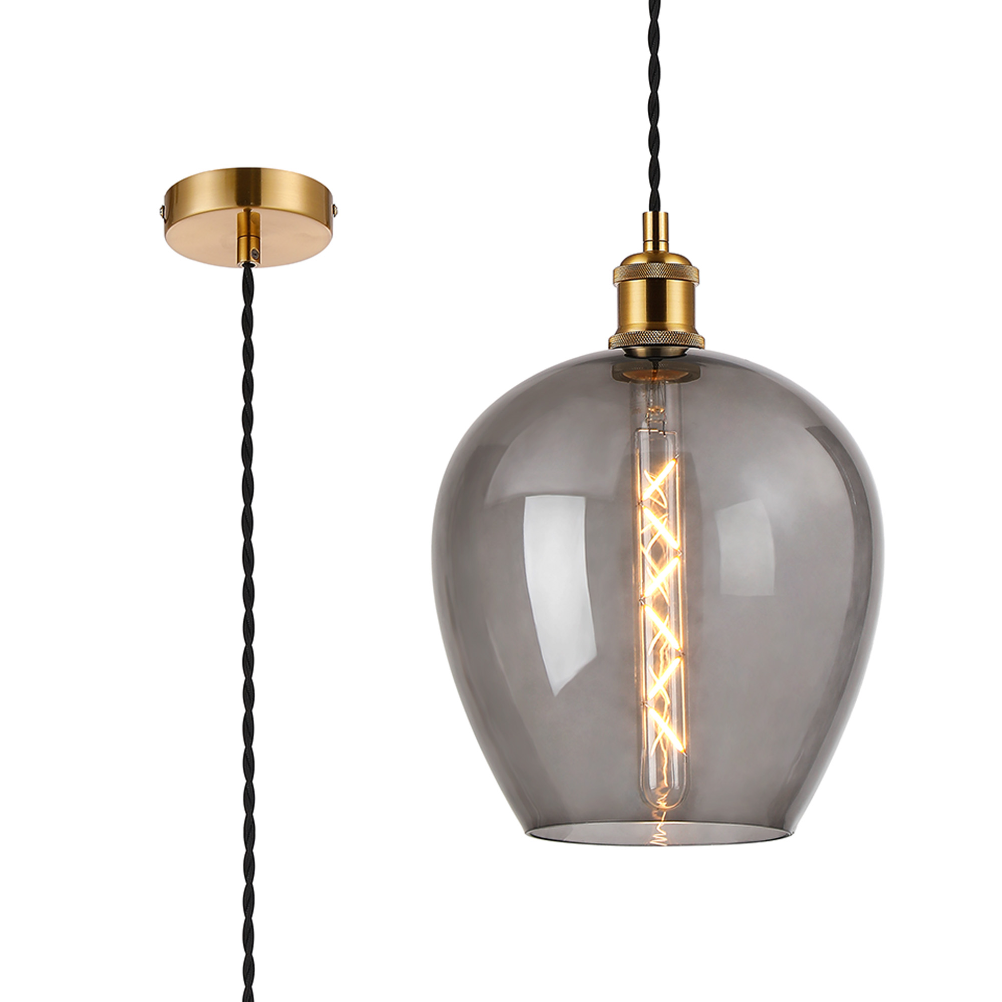 Cawdor Single Pendant, 1 Light E27, Gilt Bronze/Black/Smoke Wine Glass